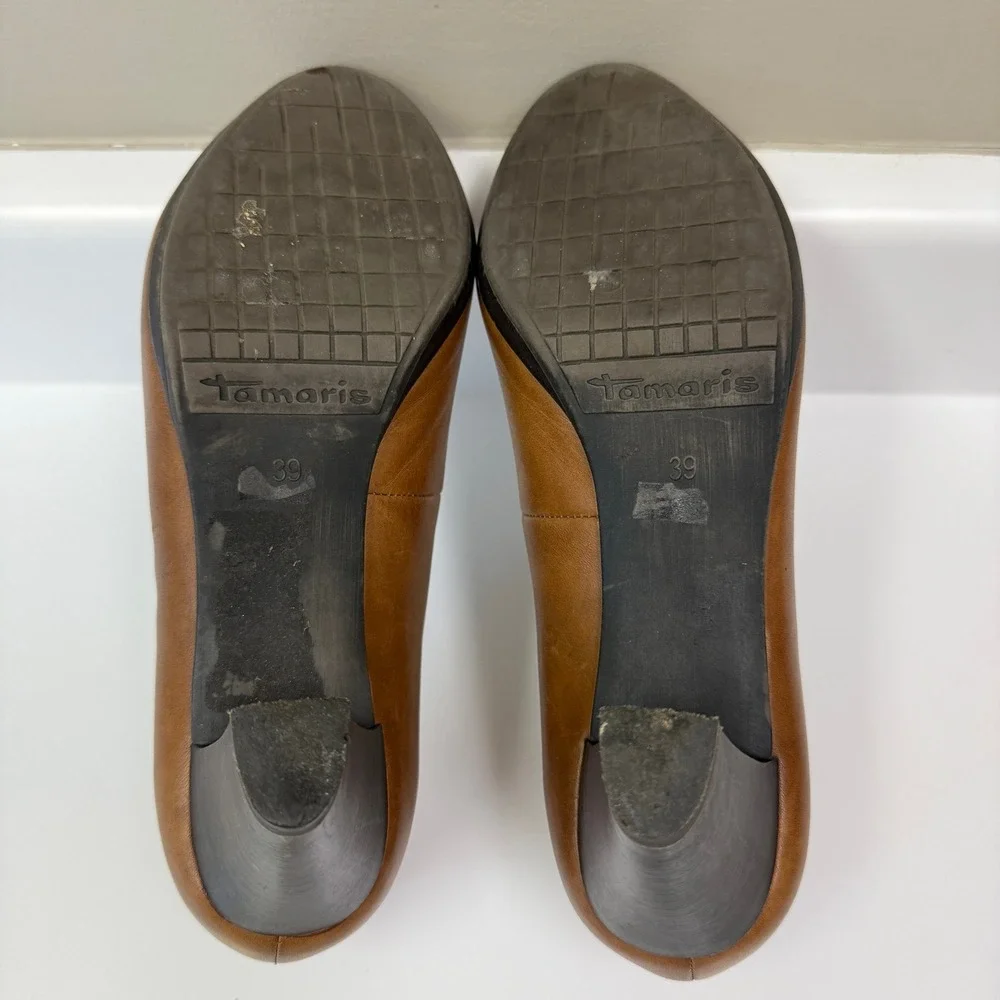 Tamaris Womens Cognac Brown Leather Round Toe Pumps Size 39 Heels Anti-Shock